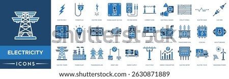 Electricity icon set. Electric Bolt, Power Plug, Electric Spark, Power On Off Button, Voltage Meter and Current Flow