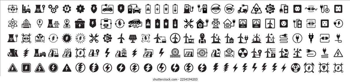 Juego de iconos de electricidad. Iconos del generador de energía eléctrica. Conjunto de símbolos de energía verde. Contiene el símbolo de hidroeléctrica, turbina eólica, planta nuclear, panel solar, auto, motocicleta, trabajador, torre, represa y más