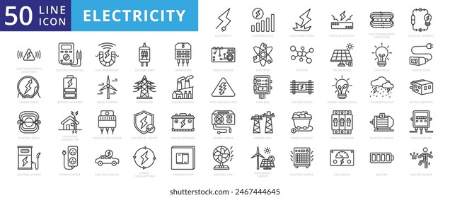 Electricity icon set with electromagnetic radiation, charger flow, lightning strike, static, induction, electric current and electromagnetic radiation.