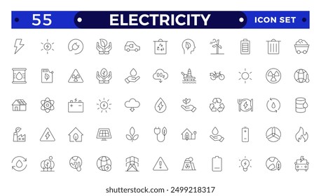 Electricity icon set with electromagnetic radiation, charger flow, lightning strike, static, induction, electric current and electromagnetic radiation.
