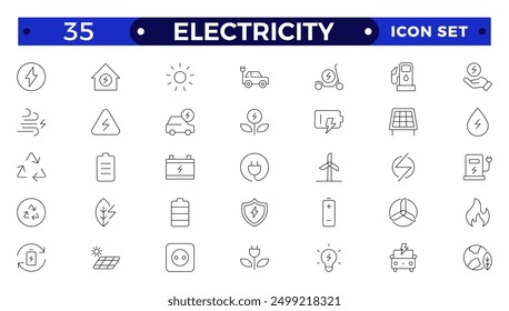 Electricity icon set with electromagnetic radiation, charger flow, lightning strike, static, induction, electric current and electromagnetic radiation.
