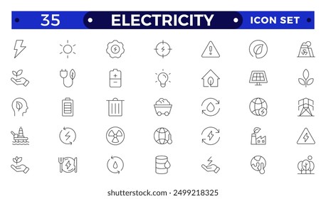 Electricity icon set with electromagnetic radiation, charger flow, lightning strike, static, induction, electric current and electromagnetic radiation.
