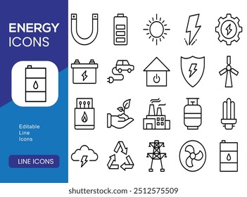 Electricity icon set with electromagnetic radiation, charger flow, lightning strike, static, induction, electric current and electromagnetic radiation.