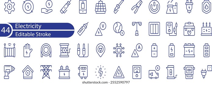 Electricity icon set with electromagnetic radiation, charger flow, lightning strike, static, induction, electric current and electromagnetic radiation