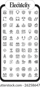 Electricity icon set with electromagnetic radiation, charger flow, lightning strike, static, induction, electric current and electromagnetic radiation.
