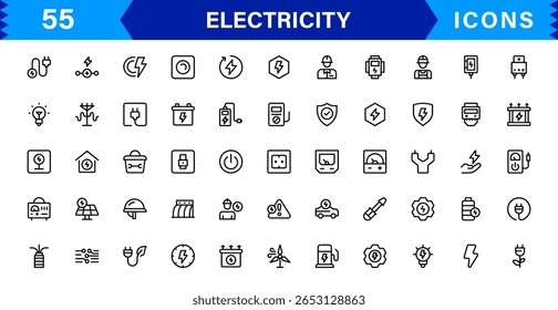 Conjunto de ícones de eletricidade com potência, energia e símbolos de relâmpago no estilo de linha de vetor limpo.
