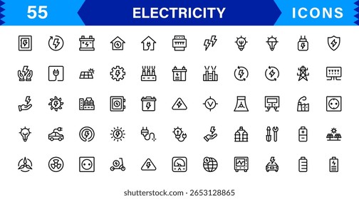 Electricity Icon Set Featuring Power, Energy, and Lightning Symbols in Clean Vector Line Style.
