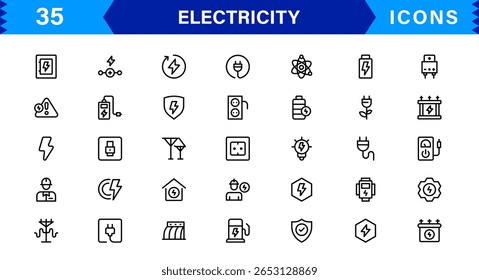 Electricity Icon Set Featuring Power, Energy, and Lightning Symbols in Clean Vector Line Style.