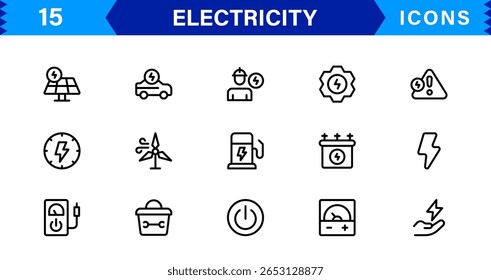 Conjunto de iconos de electricidad con símbolos de energía, energía y rayos en estilo de línea de Vector limpio.