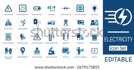 Electricity icon set. Featuring Solar Panel, Electric Car, Power Plant, and High Voltage. Solid icons for renewable energy, electrical engineering, and power distribution.