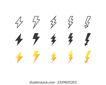 Juego de iconos de electricidad. Plano, colorido, señal de electricidad, símbolo de luz. Icono, símbolo, perno, vector, energía