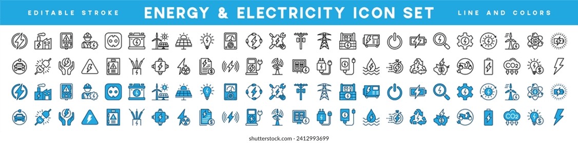 Electricity icon set. Green energy thin line icons. Power related icon. Icons for renewable energy, ecology, green technology. Vector illustration