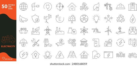 Electricity icon. Set of icons for power sources, construction, renewable energy, power plants