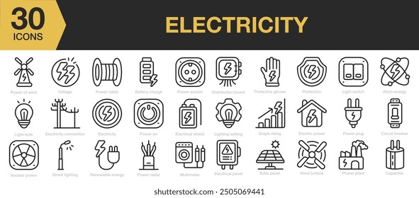 Electricity icon set. Includes voltage, cable, power socket, multimeter, capacitor and More. Outline icons vector collection.