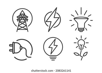 Electricity icon set. Outline thin line illustrations. Isolated on white background. 
