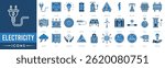 Electricity Icon set. Power Plug, Electric Socket, Light Bulb, Battery, Charging Station, High Voltage Warning and Electric Bolt