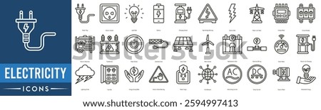 Electricity Icon set. Power Plug, Electric Socket, Light Bulb, Battery, Charging Station, High Voltage Warning and Electric Bolt