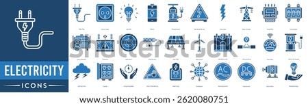 Electricity Icon set. Power Plug, Electric Socket, Light Bulb, Battery, Charging Station, High Voltage Warning and Electric Bolt