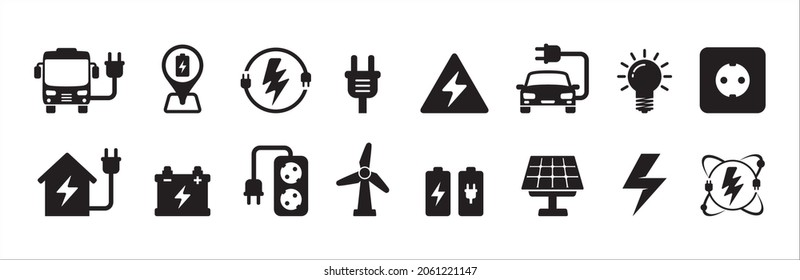 Electricity Icon Set. Renewable Green Energy Icons Illustration. Electric Powered Bus And Car Vehicle Symbol. Contains Icon Such As Wind Turbine, Solar Panel, Battery, Nuclear Sign, Socket And Plug