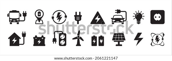 Electricity icon set. Renewable green energy icons\
illustration. Electric powered bus and car vehicle symbol. Contains\
icon such as wind turbine, solar panel, battery, nuclear sign,\
socket and plug