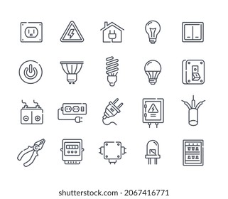 Electricity icon set. Simple stickers with different light bulbs, sockets, electricity boards, switches and tool. Design elements for sites. Cartoon flat vector collection isolated on white background