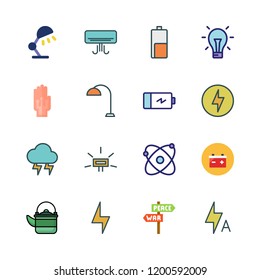 electricity icon set. vector set about desk lamp, wired gloves, thunder and lamp icons set.