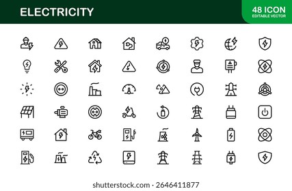 Electricity Icon Set in Vector Style Featuring Energy, Power, Voltage, Battery, and Electrical Components