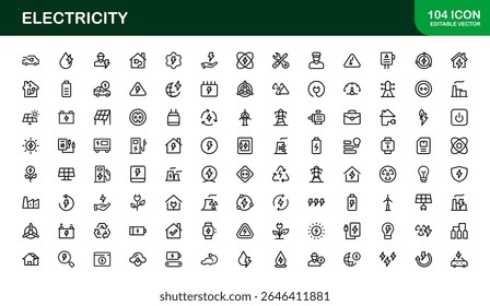 Electricity Icon Set in Vector Style Featuring Energy, Power, Voltage, Battery, and Electrical Components