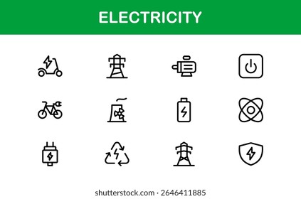 Electricity Icon Set in Vector Style Featuring Energy, Power, Voltage, Battery, and Electrical Components