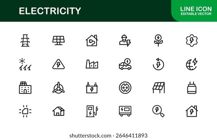 Electricity Icon Set in Vector Style Featuring Energy, Power, Voltage, Battery, and Electrical Components