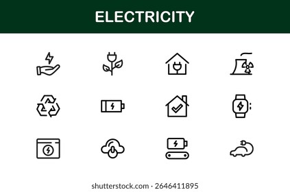 Electricity Icon Set in Vector Style Featuring Energy, Power, Voltage, Battery, and Electrical Components