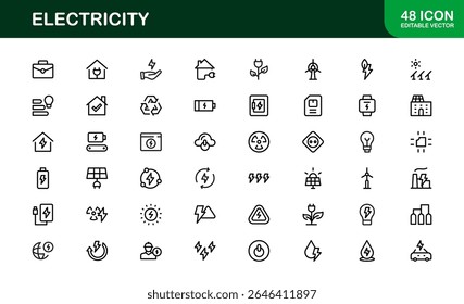 Icono de la electricidad fijado en estilo del Vector que presenta la energía, la energía, el voltaje, la batería, y los componentes eléctricos