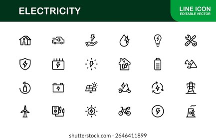 Icono de la electricidad fijado en estilo del Vector que presenta la energía, la energía, el voltaje, la batería, y los componentes eléctricos