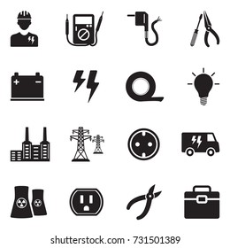 Electricity Icons. Black Flat Design. Vector Illustration. 