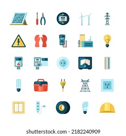 Electricity icons. bulbs industrial voltmeters voltage plugs engineer helmet energy power conceptual items. Vector flat templates