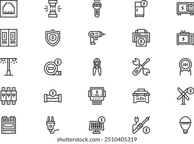 A coleção de ícones de eletricidade é uma ilustração vetorial com traçado editável.