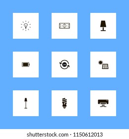 electricity icons. football stadium, full battery, floor lamp and solar panel vector icons set