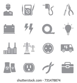 Electricity Icons. Gray Flat Design. Vector Illustration. 