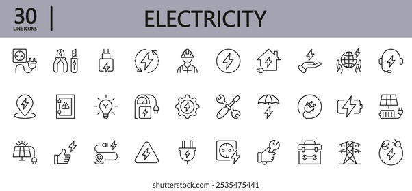 Conjunto de linha de ícones de eletricidade com elétrica, lâmpada, cabo, elétrica, soquete, sinal, tecnologia, eletricista e muito mais. Traço editável