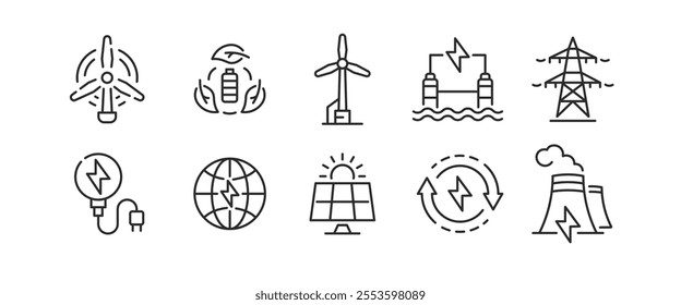 Electricity icons. Set of 10 icons related to electricity energy sources. Includes Solar Panel, Wind Turbine, Hydroelectric Dam, Electric Car, Battery icons, Electro station. Vector illustration.