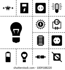 Electricity icons. set of 13 editable filled electricity icons such as bulb, no plug, bulb heart, plug in power socket, plug socket, battery, sun battery