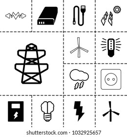 Electricity icons. set of 13 editable filled and outline electricity icons such as mill, bulb, wire, battery, pylon, brain bulb, solar panel, thunderstorm, flash, plug socket