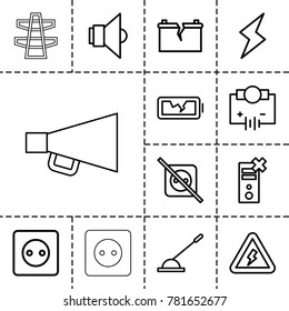 Electricity icons. set of 13 editable outline electricity icons such as plug socket, electricity, no plug, arm lever, no charge, broken battery, lamp, voltage warning, flash