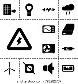 Electricity icons. set of 13 editable filled electricity icons such as no plug, bulb heart, plug in power socket, battery, broken battery, air conditioner, lamp