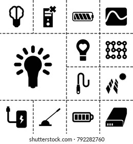 Electricity icons. set of 13 editable filled electricity icons such as brain bulb, solar panel, electricity, bulb heart, baterry, arm lever, no charge, wire, battery