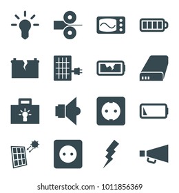 Electricity icons. set of 16 editable filled electricity icons such as flash, bulb, baterry, battery, low battery, broken battery, plug socket, lamp, solar panel, paper press