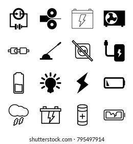 Electricity icons. set of 16 editable filled and outline electricity icons such as arm lever, low battery, air conditioner, flash, bulb, battery, paper press, no plug