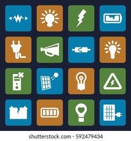 electricity icons set. Set of 16 electricity filled icons such as flash, bulb, megaphone, bulb heart, ful battery, broken battery, plug, light bulb, voltage warning