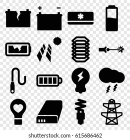 Electricity icons set. set of 16 electricity filled icons such as pylon, bulb heart, baterry, wire, battery, broken battery, air conditioner, fluorescent lamp, thunderstorm