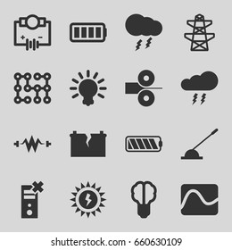 Electricity icons set. set of 16 electricity filled icons such as pylon, arm lever, ful battery, thunderstorm, battery, bulb, electric circuit, paper press, brain bulb